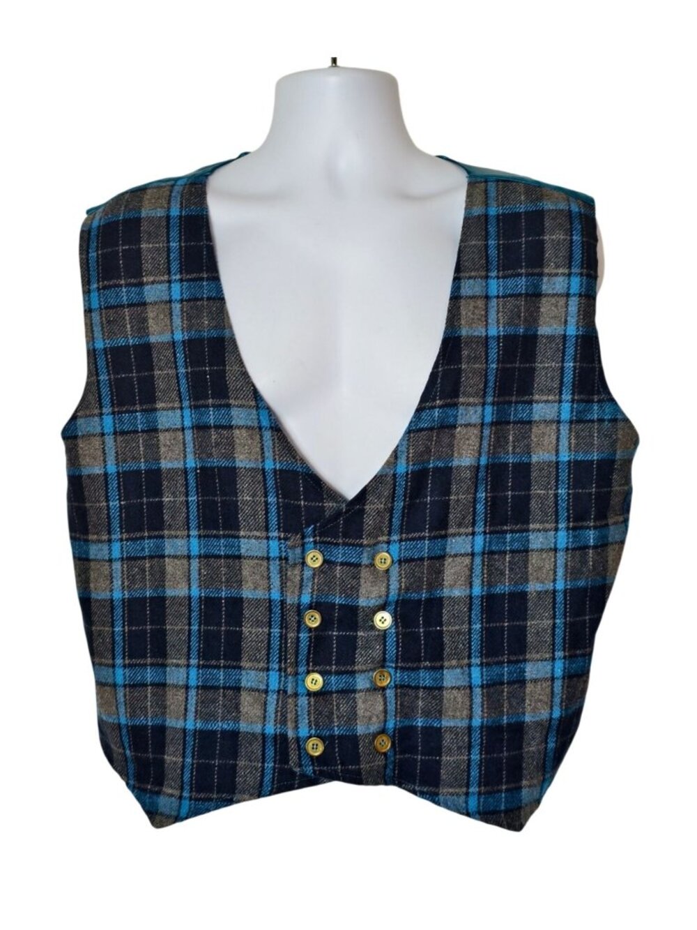 Mens XL Double Breasted Plaid Vest Teal Satin Lining (42-46) Classic Style